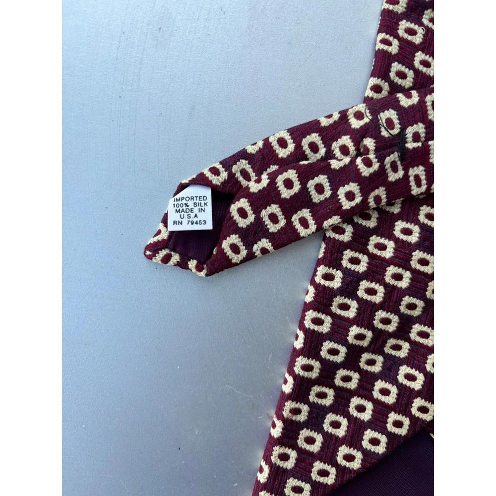 Meeting Street Burgundy Cream Geometric Medallion 100% Silk Tie Made in USA